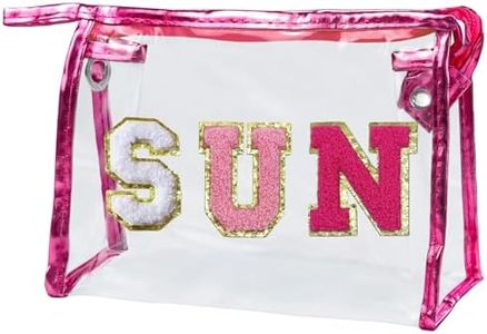 COSHAYSOO Clear Makeup Bag Preppy Sunscreen Skin Beach Travel Zipper Pouch Cosmetic Stuff Make Up Organizer for Women Teen Girls, Trendy Cute Chenille Letter Patch Small Traveling Waterproof Purse, Pink-SUN, Preppy
