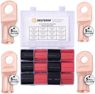SELTERM 5pcs each 1/0 & 2/0 AWG - 3/8" & 5/16" Stud Bare Copper Lugs & Large Size 108pcs 3:1 Dual Wall Adhesive Heat Shrink Tubing Kit 1, 3/4, 1/2, 5/8 Inch Assortment Kit - 20pcs lugs + 108pcs Shrink