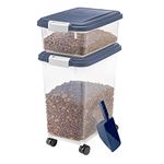 IRIS USA 3-Piece 35 Lbs / 45 Qt WeatherPro Airtight Pet Food Storage Container Combo with Scoop and Treat Box for Dog Cat and Bird Food, Keep Pests Out, Translucent Body, Easy Mobility, Navy