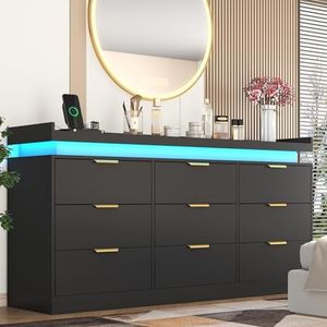 9 Drawer Dresser for Bedroom, Black Dresser with LED Lights and Power Outlet, Large Wooden Dressers Modern Chest of Drawers, Triple Wide Drawer Organizer Cabinet for Bedroom, Entryway, Hallway
