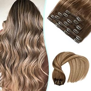VINBAO Hair Extensions Clip in Human Hair 14inch Balayage Ombre Brown Fading to Caramel Blonde Human Hair Extensions Clip in Real Human Hair Double Weft Straight Hair(CLIP#4/27/4-14Inch)