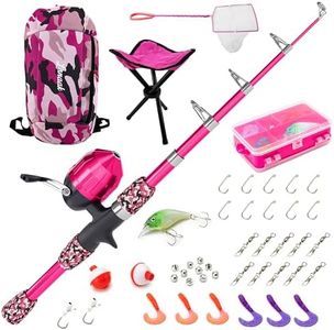 Lanaak Kids Beginner's Fishing Pole and Tackle Box - with All New Kids Camo Back-Pack, Net, Reel and Beginner’s Guide - Rod and Reel Kit for Boys, Girls, or Youth (Camo Pink)