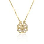 Four Leaf Clover Necklace, 14K Gold Plated, Heart Convertible Necklace, for Women, 15.8”+2”inch, Gold Plated, Cubic Zirconia,