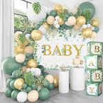 125pcs Sage Green Baby Shower Decoration, Sage Green Neutral Baby Boxes with Green Gold Balloon and Green Baby Backdrop for Boy Girl Baby Shower, Jungle Safari Birthday Party Decoration, Gender Reveal