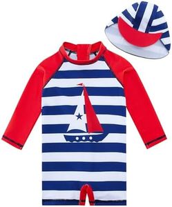 uideazone Baby Boys Bathing Suit Long Sleeve One Piece Swimsuit with Sun Hat Rash Guard Swimwear 12-18 Months Sailboat Print