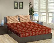 Trance Home Linen 200TC 100% Cotton Queen Size Printed Bedsheet | Bedding Set of Queen Size Flat Bed Cover with 2 Pillow Covers (86x104 inch | 7.1ft x 8.6ft - Damask & Dori - Clay Red)