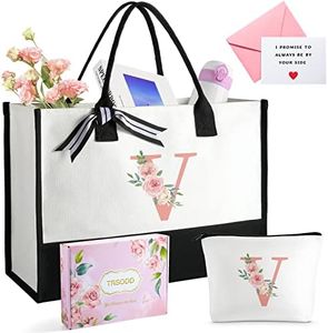 Personalized Gifts for Women Friend, Floral Ini-tial Tote Bag for Women, Mono-gram Can-vas Tote Bags w Makeup Bag, Inner Pocket, Gift Box, Card Sets, Wedding Gifts, Christmas Bithday Gifts for Women V