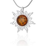 AMBEDORA Women's 925 Silver Necklace Silver Finish Shine with Nano Protective Coating Round Natural Baltic Amber Pendant Amber Sunshine on Chain Gift Set, Sterling silver with nano protective layer,