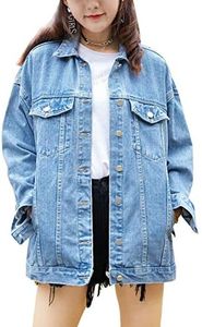 Omoone Women's Oversized Mid Long Denim Jacket Jean Biker Coat, Denim Blue, Large