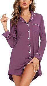 Senert Pajama Nightgown for Women Long Sleeve Button Down Nightwear Top Boyfriend Sleep Shirts Nightdress Purple,Medium