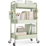 TOOLF Metal Utility Carts, 3 Tier Rolling Carts with Wheels, Storage Organizer with Pegboard Hooks Bins for Bathroom Kitchen Laundry Office, Three Tier Cart for Book Diaper & Art Supplies, Green