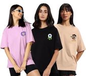 JUNEBERRY® Pure Cotton Oversized Loose Baggy Fit Drop Shoulder Half Sleeve Cool Front & Back Graphic Printed Round Neck T-Shirt for Women & Girls (PO3_JB_STW_Eye_DCK_XL)