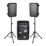 Knox Dual Speaker and Mixer Kit – Portable 8” 300 Watt DJ PA System with Wired Microphone, and Tripods – 8 Channel Amplifier - Bluetooth, USB, SD, 1/4” Line RCA, XLR Inputs