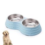 Wolike Pet Bowl Basic Dog Bowls Pet Bowl Anti Overturning and Anti Slip Double Bowl Dog Bowl Dog Plate Cat Bowl Stainless Steel Water Bowl Bottom with Anti slip Pad (Blue-Small)