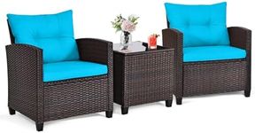 ORALNER 3 Pieces Wicker Patio Furniture Set, Outdoor Conversation Set Rattan Chairs with Soft Cushions, Glass Coffee Table, Bistro Set for Front Porch Balcony Garden Deck Poolside (Turquoise)