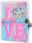 Girls Diary with Lock, Sequin Heart Fuzzy Journal with Lock and Key for Teen Girl, Kids Fluffy Notebook Memobook