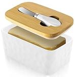 Butter Dish with Lid and Knife for Countertop, Ceramic Butter Keeper Container with Double Silicone Seals Cover, Perfect for East West Coast Butter, Holds Up 2 Sticks of Butter (White)