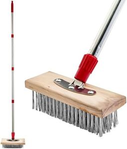 60" Deck Scrub Brush Wire Brush with Long Handle, Stainless Steel Outdoor Broom Mental Floor Scrubber for Cleaning Moss, Tough Stains on Concrete, Grout, Garden, Garage, Patio