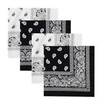 DIKHAWA Unisex Soft Breathable Cotton Paisley Printed Cowboy Bandanas,Headband,Scarf (BLACK,WHITE_50CM X 50CM_Pack of 4)