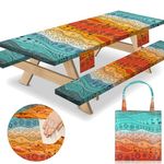 memKiya Picnic Table Cover with Bench Covers 72×30 Inches Fitted 3 Piece Camping Tablecloth with Elastic Rectangle Camp Cloths for Outdoors Waterproof Cloth RV Accessories Covers for 6 Foot Tables