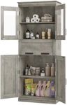 GarveeHome Tall Bathroom Cabinet, Freestanding Storage Cabinet with Glass Doors and Adjustable Shelves, Tall Storage Cabinet with Drawer for Pantry, Kitchen, Living Room,Gray