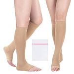 BISLINKS 2 x Medical Compression Socks Varicose Knee Vein Blood Flow Open Toe Support Flight Stockings Strengthen Breathable Material Beige - L/XL