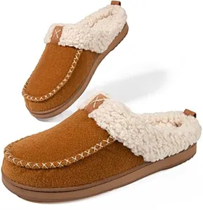 LongBay Women&Men Wool Felt Sherpa Memory Foam Slippers with Plush Fleece Lining Slip on Moc Clogs Indoor Or Outdoor (Small / 5-6, Camel)