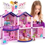 TOMLEON Dollhouse w/ Princesses, 4 Unicorns and Dog Dolls - Pink / Purple Dream House Toy for Little Girls - 4 Rooms w/ Garden, Furniture and Accessories - Girls Ages 3 - 6 (2 Princesses)