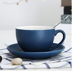 THUMBGEEK Porcelain Cappuccino Cups with Saucers and Spoon - for Specialty Coffee Drinks, Latte, Cafe Mocha and Tea used at Home and in Coffee Shops Professional Baristas (Dark Blue)