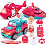 CUTE STONE Kids Vehicle Playset with Lights & Sounds, Vacation Travel Toy Car for Girls with Off-Road Vehicle, Yacht & Pink Helicopter, Doll & Travel Accessories, Pretend Play Gift for Toddlers