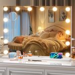 Vanity Mirror with Lights, 28" x 20" Hollywood Mirror, Makeup Mirror with 14 Dimmable Bulbs and 5X Magnification, 3 Colors Modes, Touch Control, USB and Type-C, Tempered Glass (Square White)