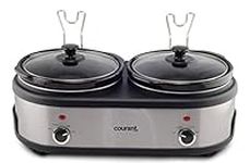 Courant Double Slow Cooker 2.5 Quart Crock each, 5.0 Quart Total Pots, with Individual Easy Cooking Options, Dishwasher Safe Stainproof Stoneware Pots and Glass Lids, Stainless Steel