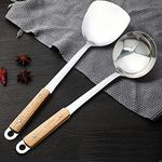 Naidev 2 Piece Kitchen Cooking Stainless Steel Utensils Set Wooden Handle Cooking Tools Gadgets Spatula Set Hook,Shovel,Ladle.(LADLE+Spatula, 2)