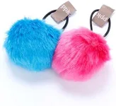 Girls Fur Ball Pompom Hair Ties Band Set of 2 - Blue/Pink