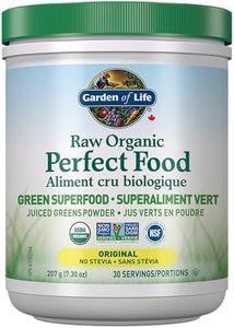 Garden of Life Raw Organic Perfect Food Green Superfood Original 207 gram."Raw Organic Perfect Food is packed with 40 nutrient-dense ingredients, including freshly harvested greens that are low-temperature dried to lock in nutrition, along with sprouts, fruits & veggies, plus enzymes for digestion." 3.5 g of Organic Farmed Greens per scoop plus fruits, vegetables, sprouts and seeds. Provides antioxidants, probiotics and enzymes to support digestion.