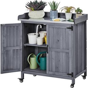 Yaheetech Garden Potting Bench Table - Outdoor Garden Patio Wooden Storage Cabinet & Solid Wood Planting Work Bench with Large Space Storage & Metal-Plated Tabletop, Gray