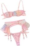 Lilosy Sexy Underwire Colorful Kawaii Cute Sheer Garter Belt Lingerie Set Bra and Panty 3 Piece, Star Print Pink, Small