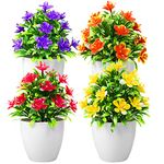 JINXIAN 4 Pcs Artificial Flowers Plants Potted Mini Lifelike Fake Plants with Pot Plastic Faux Plants for Artificial Plants Indoor Outdoor Home Cafes Table Office Desk Decor