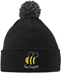 Hippowarehouse Bee Happy Embroidered Beanie Hat with Bobble Black