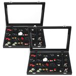 RealPlus Jewelry Tray Organizer with Clear Lid 24 Grid Black Velvet Stackable Jewelry Storage Display Case Showcase, Pack of 2