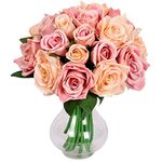 Famibay Rose Artificial Flowers for Decoration Silk Fake Flowers Artificial Bouquet 18 Rose Heads for Craft Bridal Bouquet for Wedding (Champagne Pink,No Vase)