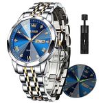 OLEVS Watches for Men Blue Stainless Steel Diamond Mens Watches Big Face Waterproof Two Tone Mens Watch Day Date Casual Analog Quartz Rugged Men's Wrist Watches Easy to Read Men Watch with Blue Face