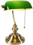 AXWT Banker's Desk Lamp with Emerald Green Cased Glass Shade and Solid Base Bankers Pull Chain Switch Plug in Fixture,Satin Brass Finish