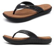 KuaiLu Flip Flops for Women Ladies Yoga Mat Comfortable Sport Walking Thong Sandal With Plantar Fasciitis Arch Support Slip-on Slides Indoor Outdoor For Summer Size 7.5 Khaki Black