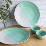 The Earth Store Handcrafted Tritone Green Matte 4 Piece Ceramic Dinner Set, 2 Full Dinner Plates, 2 Vegetable Bowls, | Microwave & Dishwasher Safe | Ceramic Plate | Katori