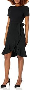 Calvin Klein Women's Short Sleeve Scuba Crepe Dress with Ruffle and Waist Tie, Neutral Black, 12