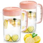 Jucoan 2 Pack 1 Gallon /4L Large Plastic Round Pitcher with Pink Cover Clear Water Jug Carafe Juice Mixing Pitcher with Comfortable Handles Measurement Perfect for Ice Tea, Lemonade Beverage