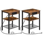 HOOBRO End Table Set of 2 with Charging Station and USB Ports, 3-Tier Nightstands with Adjustable Shelf, Narrow Side Table for Small Space in Living Room, Bedroom and Balcony, Rustic Brown BF112BZP201