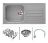 Zinzer Single Bowl Drainboard, Quartz Kitchen Sink, Grey Color 36 x 18 x 8, German Engineered, Smooth Metallic Finish | Box includes Kitchen Sink, Sink Coupling, Hose Pipe, Drainer Basket