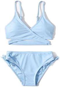 MIENOE Teen Girls' Swimsuits Two-Piece Swimsuit V-Neck Bikini Swimsuit Solid Color Adjustable Shoulder Straps Swimsuit Kids Sky Blue Bikini (Size 14-16Years)